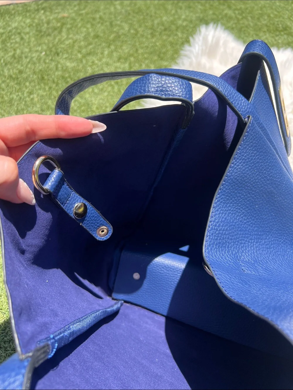 Pebbled Navy Leather Tote with Gold Hardware - Picture 12 of 12